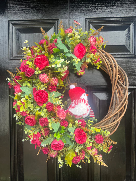 WILLOW RED BIRD  MIXED FOLIAGE WREATH